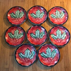 Set of 8 Red Hand Painted Christmas Holly 11” Dinner Plates by Studio 33